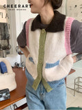Korean Fashion Sleeveless Sweater Cardigan Women Cute Kawaii Button Up Knitted Color Block Sweater Korean Style