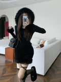 Hot Girl Black Knitted Hooded Fur Dress Women's Winter Slim Fit Pure Sexy Hip Wrap Short Dress Fashion Female