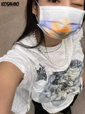 Y2k Aesthetic Graphic T Shirts Summer Puff Sleeve Pleated T-shirt Women Star Print Vintage Asymmetrical Tops Sexy