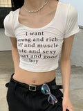 Summer Vintage T Shirt Women Short Sleeve Letter Print T Shirts White Grunge Aesthetic Crop Top Female Streetwear