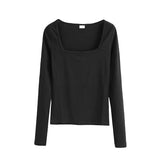 Sexy Square Collar Slim T-shirts Woman Knitwear Tops Solid Color Long Sleeve Skinny