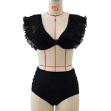 Solid-Color Mesh Yarn Leaf-Side Split Swimsuit Woman 2025 New High-Waisted Folding Sexy Bikini