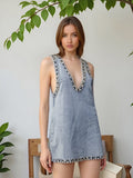 Fashion Heavy Industry Design Dress Women 2025 Summer New V Collar Drill Splicing High-End Sense Slings Denim