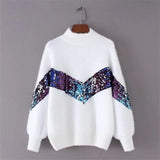 New Women's Sweater Autumn And Winter New Fashion Half-high Collar Mohair Embroidery Sequins Lantern Sleeve