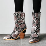 Faux Leather Cowboy Ankle Boots for Women Wedge High Heel Boots Snake Print Western Cowgirl Boots Silver Gold White