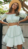 Queens Women 2 Pcs Suit Beach Bohemian White Off Shoulder Lace Splicing Tops Sexy Mini Boho Skirt Two Pieces