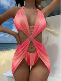 2024 New Striped Gradient Love Mesh Dress Three-Piece Swimsuit Swimsuit