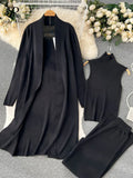 Winter Casual Knitted Three Pieces Suits Women Long Sleeve Cardigans+Turtleneck Knit Tank Top+Warm Long Pant