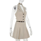 Buttoned Cropped Vest And Mini Skirt Set- Outfit