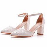 Cm Square Thick Heel Sharp In The Hollow Sandals Spring Square Side Light Female Shoes White Lace Net Bride High