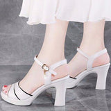 Zingj Heel Sandals 2023 Summer New White High Heel Women's Shoes Fashion Versatile One Word Buckle In The Heel Fish Mouth Shoes Women- Outfit