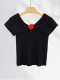 Zingj Wear Elegant Temperament V Neck One Shoulder Sweater Short-Sleeved T Shirt Female Open Shoulder French Lapel
