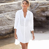 Queens Vintage Women Solid V-neck Long Sleeve Hollow Out Beach Mini Dress Ladies White Boho Dresses