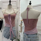 Real Shooting Pure Lust Style Set Hanging Neck Lace Hollow Sling Sling Vest + Short Lotus Leaf Side Shirt