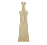 Beige Draped Halter Neck Knit Midi Dress- Outfit