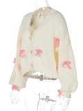 White Short Pink Bow Cardigan- Outfit