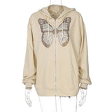 Y2K Fashion Oversized Butterfly Graphic Rhinestone Zip Up Hoodies E-girl 90s Streetwear Diamond Grey Long Jacket