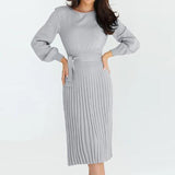 Winter Round Neck Solid Elegant Slim Belt Pleated Sweater Midi Dresses Ladies Waist Wild Knitted Bottomed Casual
