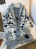 Women Sweater Black White Tassels Patchwork Cardigan Tops Autumn 2023 New Loose Full Sleeve V-Neck Vintage Knitwear