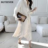 Spring Summer Satin Shirt Dress for Women 2021 Elegant Full Sleeve Single-breasted Lace-up Female Midi Dress