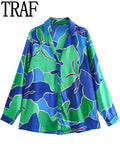2023 Print Satin Shirt Woman Blue Button Up Shirt Women Vintage Long Sleeve Shirts And Blouses Women Casual Loose