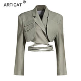 Gray Double Layer Bandage Slim Blazer Women Long Sleeve Pocket Short Jacket Female Notched Collar Outwear Tops 2021