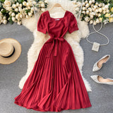 Zingj Retro Solid Color Temperament French Collar Hepburn Style Short-Sleeved Waist Show Thin Pleated Dress Large