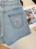Bow Embroidery Denim Shorts-Outfit