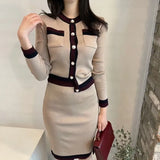 Autumn Women Fashion Designer Skirt Set Long Sleeve Pockets Tops + High Waist Knee Skirt Knitting 2 Two Pieces