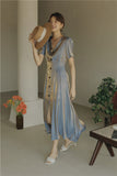 Reflective Puff Sleeve Long Midi Dress Women V Neck Tunic Asymmetrical Button Short Sleeve Flowy Ladies Summer