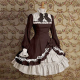 Japanese Style Women Gothic Cosplay Dresses High Waist Contrast-Color Ruffled Sweet Lolita Dress Kawaii