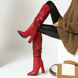 New Autumn Winter Zebra Print Women Boots Fashion Pleated Square High Heel Knee High Boots Ladies Slip On Pointed Toe