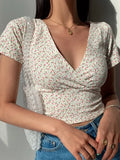 Crop Top T-shirt Y2K Vintage Bloemen Vrouwen Cropped Slim Korte Mouw V-hals Sexy Zomer Tee Shirt Koreaanse 2022