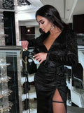 Velvet Dress Women High Split Sequin Sexy Folds Shrug Casual Elegant Long Sleeve Fall Bodycon Clubwear Christmas