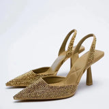 ZAR 2022 Summer Leopard Pumps for Women Fashion Ponited Toe Rhinestone Interchangeable Strap Party Heels Feminine Vintage