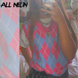 2000s Aesthetics Argyle Plaid V-neck Knitted Tank Tops E-girl Vintage Sleeveless Loosed Pink Vests Sweater School