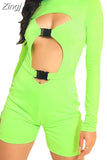 Women Bodycon Buckle Cut Out Biker Rompers Sexy Long Sleeves Hollow Out Clubwear Bodysuit One Piece Short Jumpsuit