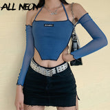 Y2K Fashion Ribbed Anomalistic Hem Cropped Tops with Mesh Sleeve E-girl Backless Lace Up Halter Tanks Streetwear