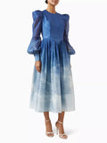 Temperament Dress Women's Spring 2025 New Fashion Gradient Design Round-Neck Bubble Sleeve Dress High-End Long