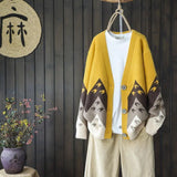 spring and autumn new Korean ethnic style jacquard knitted cardigan loose color matching V-neck sweater jacket