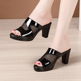 Heel Gauze Slippers Summer 2023 New Waterproof Table Fish Mouth Sandals Lacquered Leather Large Size 43 Women Wearing