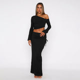 And Winter Women's New Temperament Pure Color Single Shoulder Umbilly Umbilly Top Dress Two-Piece Suit