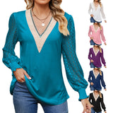 Zingj New Autumn / Winter 2024 Women's V-Neck Lace Stitching Hollow-Out Long Sleeve Loose Jacket T-Shirt-Outfit