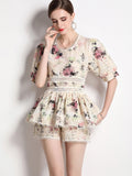 Flower Embroidery Lace Shorts Set Women Short Sleeve Hollow Out Ruffles Shirt Top+Wide Leg Shorts Summer 2 Piece