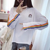 Rainbow Striped Kawaii Long Sleeve Soft Loose Embroidery Korean Style Women Tee Lovely Fashion Womens T-shirt