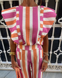 Contrast Striped Straight Pants 2 Piece Sets Women Elegant O Neck Flying Sleeves Tops Suits 2024 Summer Lady Casual