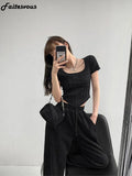 New Bright Line White T-shirt Women Fashion Slim Square Neck Short Sleeve Cropped Tops