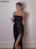 Christmas Cami Midi Dress Women Satin Shirring Side Split Elegant Bodycon Sexy Party Chic Clubwear New Year Dress