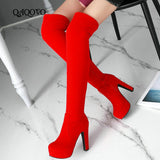 Women Winter Plush Boots Flock Square High Heel Over The Knee Boots Platform Zipper Boots Autumn Winter Fashion Ladies