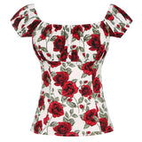 Sexy Women Tops Slim Off The Shoulder Rockabilly 50s Style Vintage Polka Dot Cherry Floral Printing Short Sleeve